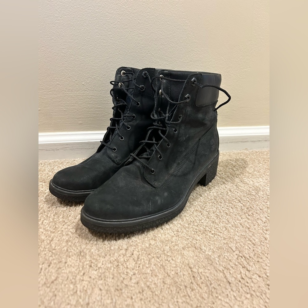 Timberland Women's Brinda 6 Inch Lace Up Heeled Boots in Black Nubuck Size 8.5